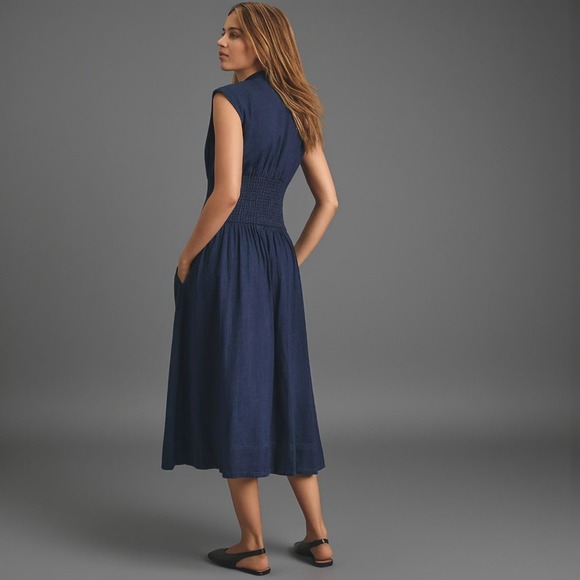 Maeve by Anthropologie Tommie Smocked Front Zip Denim Midi Dress Blue Sz M - Picture 12 of 12